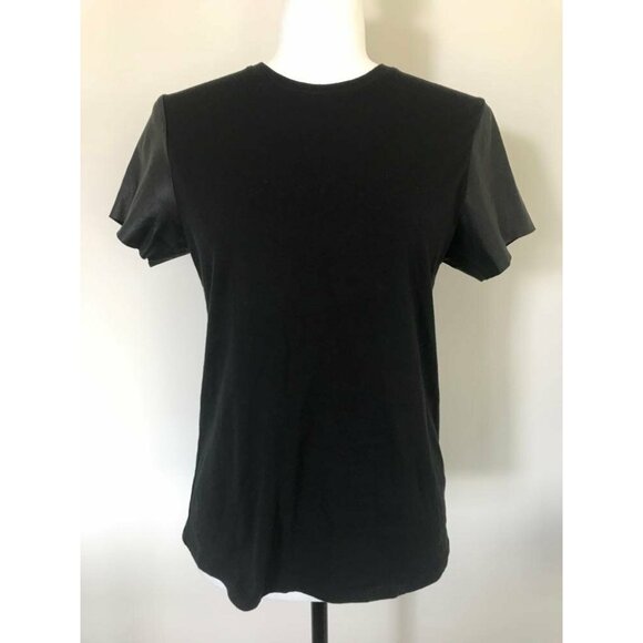 VINCE Short Lamb Skin Sleeve Top Womens Size Small Black Cotton Leather - Picture 2 of 9